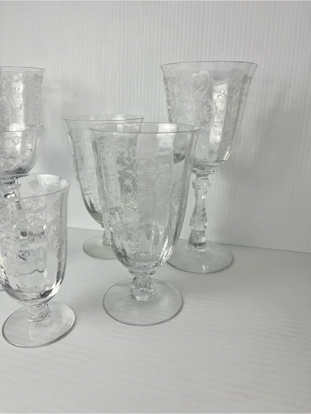 Set Of 6 Elegant Fostoria Navarre Clear Crystal Stem Etched Glasses As Is
